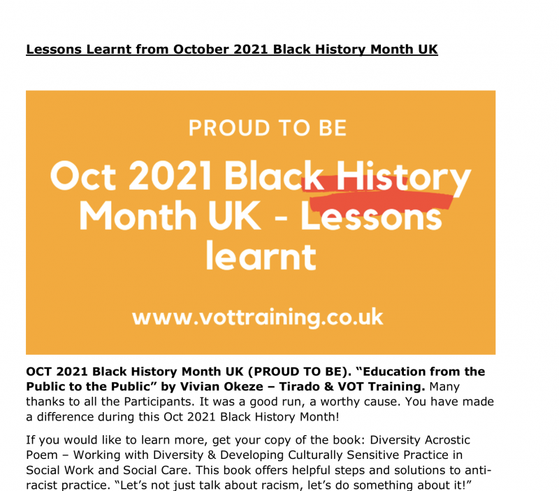 Lessons learnt from Oct 2021 Black History Month